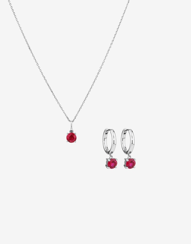 Michael Hill - Round Cut Red Created Ruby Gemstone Hoop Earrings and Pendant Necklace Set in Sterling Silver