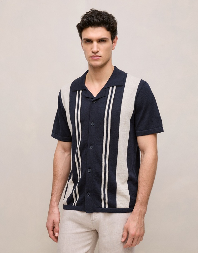 Trenery - Linen Cotton Stripe Intarsia Knit Shirt in Navy