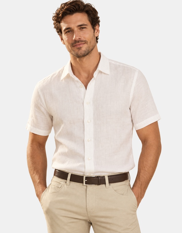 Henry Bucks - HENRY SARTORIAL Linen Classic Fit Short Sleeve Shirt WHITE
