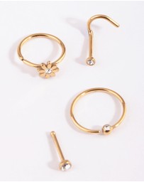 Lovisa - Gold Plated Surgical Steel Flower & Diamante Nose Stud 4-Pack