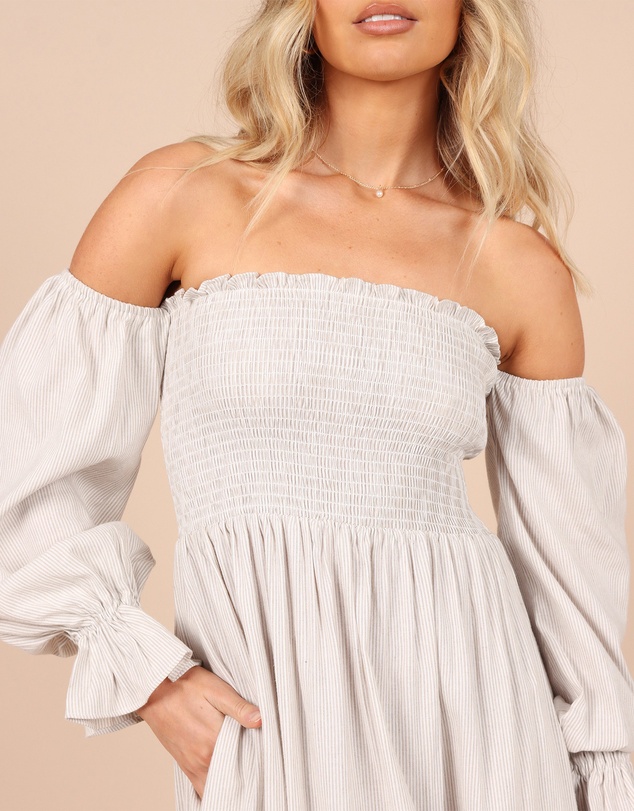 Petal & Pup - Domenica Shirred Long Sleeve Midi Dress - Beige Stripe