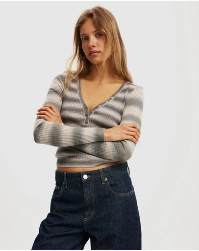 Cotton On - Rib Knit Henley Long Sleeve Top