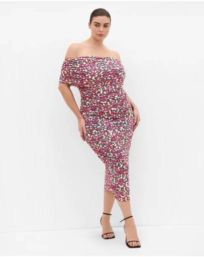 City Chic - Plus Size Dana Mesh Ditsy Print Dress - pink