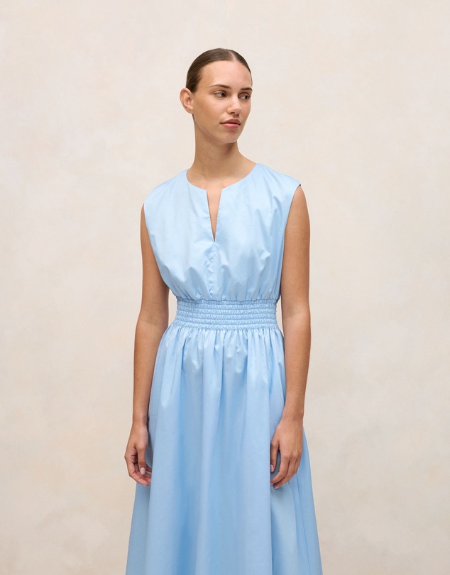 Trenery - Cotton Sateen Shirred Waist Dress in Blue Marble
