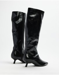 AERE - Maria Leather Knee High Kitten Heel Boots
