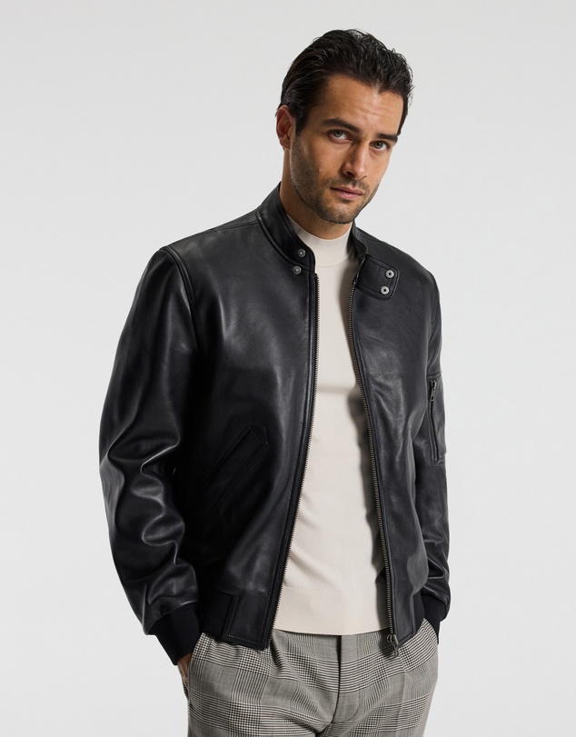 Calibre - Stand Collar Leather Bomber Jacket Black