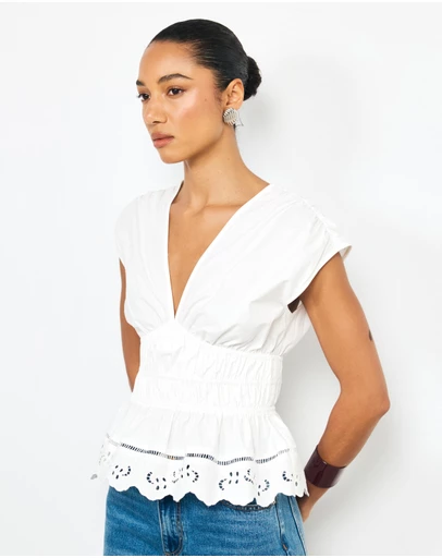 AERE - Bonnie Ruched Lace Peplum Top