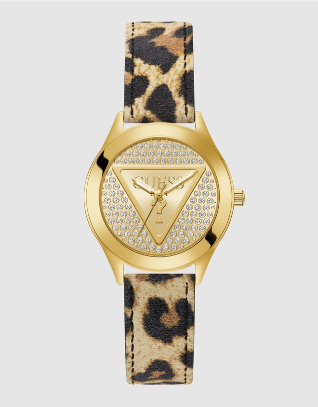 GUESS - Gold-Tone 34mm Champagne Dial with Crystals and Animal Print Leather Strap