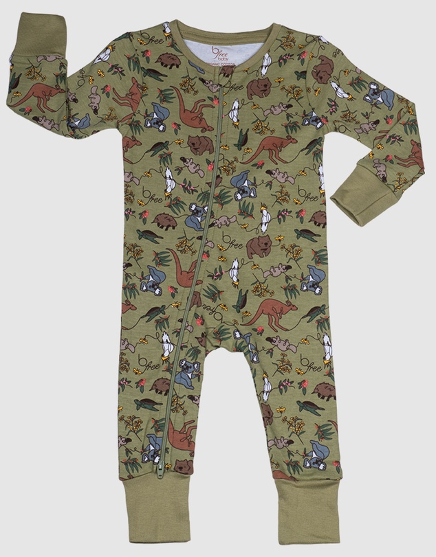 B Free Intimate Apparel - 100% Organic 2-Way Zip Sleepsuit - Baby & Toddler Khaki Native Aussie Animals