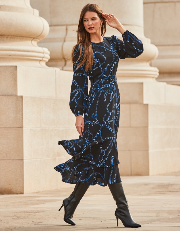 Chain Print Ruffle Hem Fit & Flare Dress by Sosandar Online | THE ICONIC |  Australia
