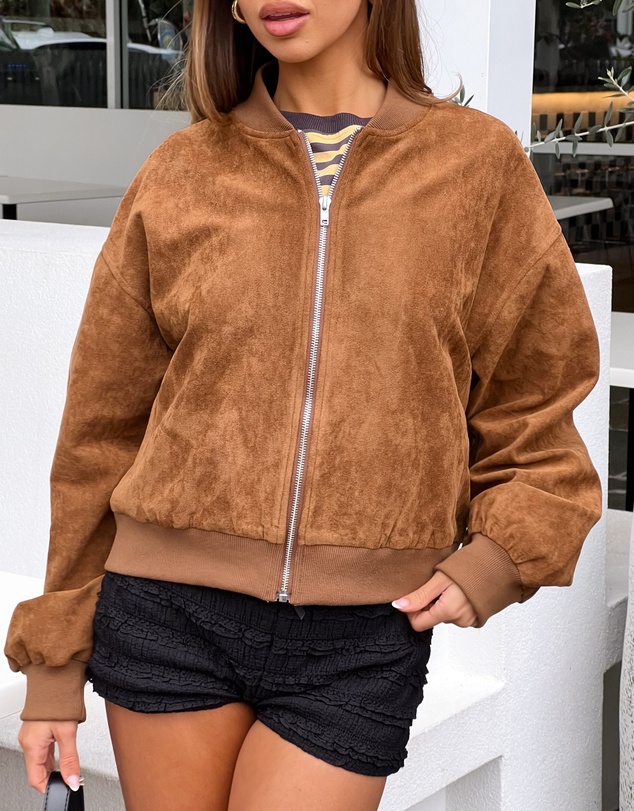 Beginning Boutique - Rebecca Tan Cuffed Suedette Bomber Jacket