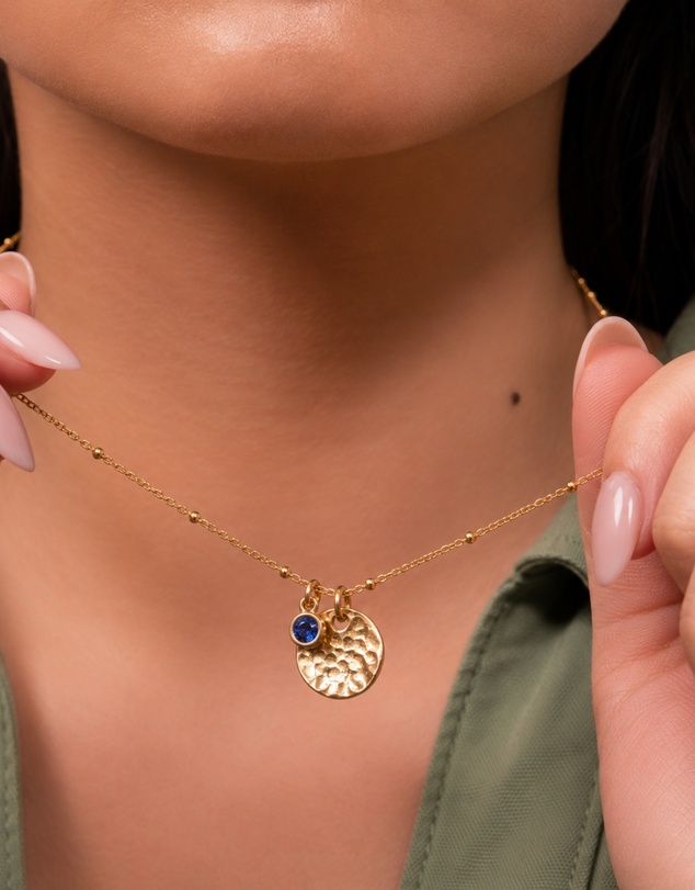 Dower & Hall - Women's Hammered Disc & Blue Sapphire Array Necklace in Gold Vermeil