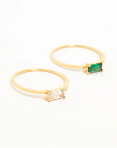 Lovisa - Waterproof Gold Plated Stainless Steel Baguette Cubic Zirconia Rings 2-Pack
