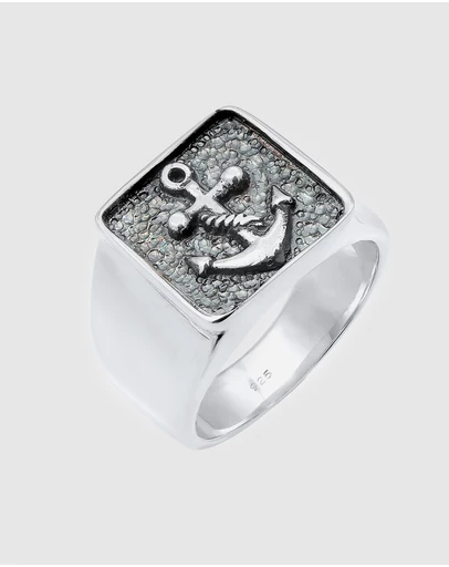 Kuzzoi - ICONIC EXCLUSIVE - Signet Ring with Anchor Emblem in Oxidised 925 Sterling Silver