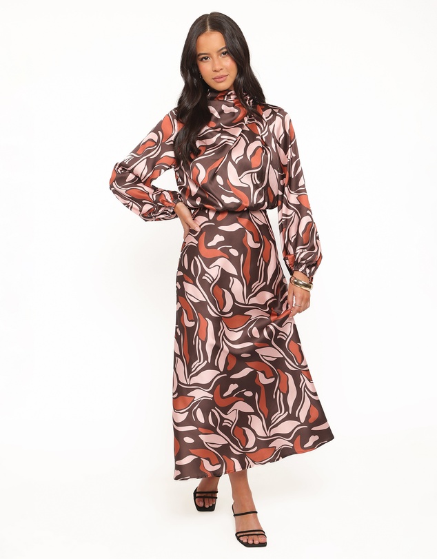 Petal & Pup - Demire Long Sleeve Midi Dress - Brown Multi