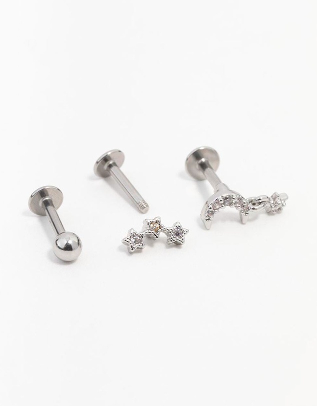 Lovisa - Surgical Steel Cubic Zirconia Star & Moon Flat Back 3-Pack