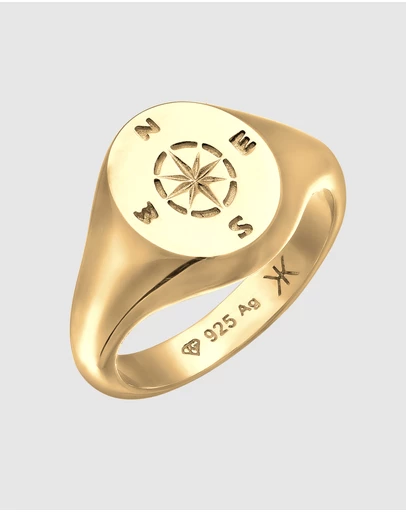 Kuzzoi - ICONIC EXCLUSIVE - Signet Ring with Compass Emblem in Gold-Plated 925 Sterling Silver