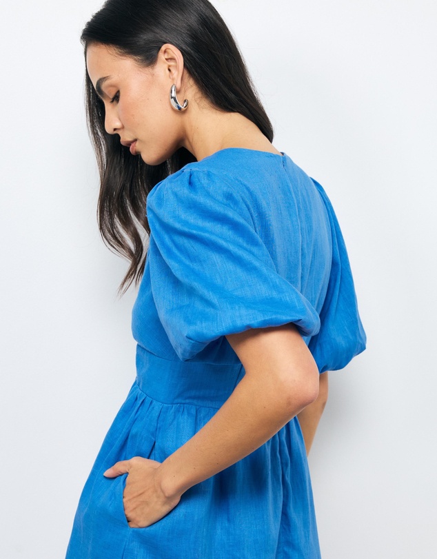 AERE - Ivy Puff Sleeve Linen Midi Dress