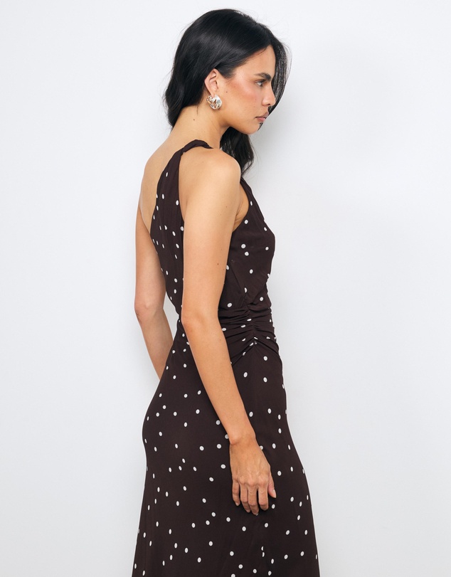 AERE - Eris Polka Dot One Shoulder Midi Dress