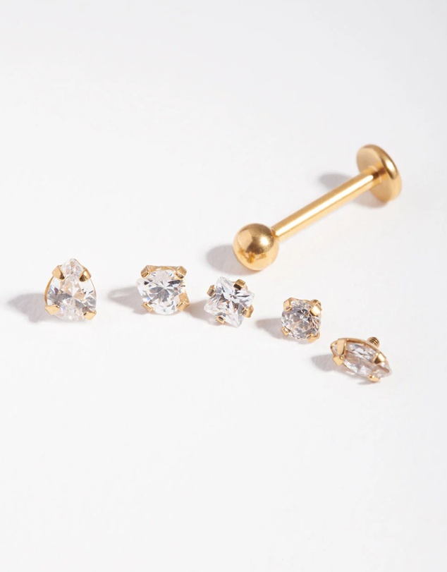 Lovisa - Surgicl Steel Single Flat Back Bar & Mixed Cubic Zirconia Interchangeable Ends 6-Pack
