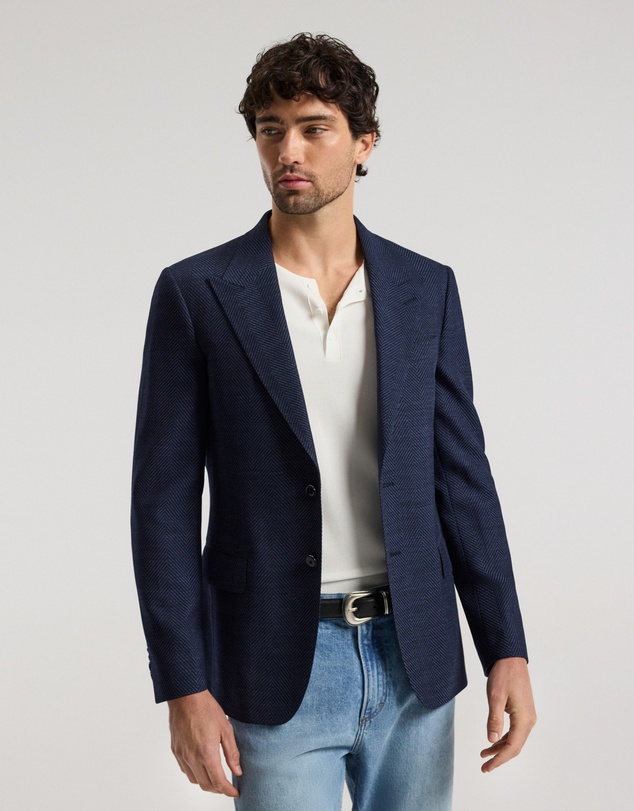 Calibre - Tailored Wool Herringbone Blazer Denim Blue