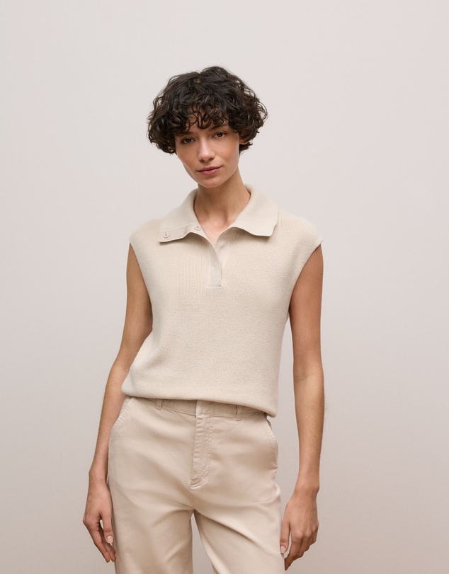 Trenery - Cotton Cashmere Sleeveless Button Neck Knit in Stone