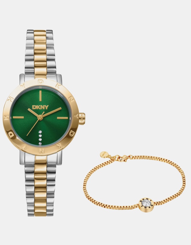 DKNY - Essentials Two-Tone 28mm Green Dial Womens Watch + Gold Bracelet