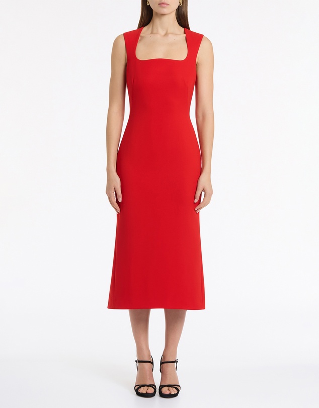 Carla Zampatti - Red Crepe Curve Neck Detail Midi Dress
