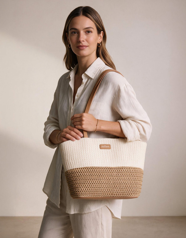 Milleni - Milleni Woven Raffia 2-Tone Tote Bag