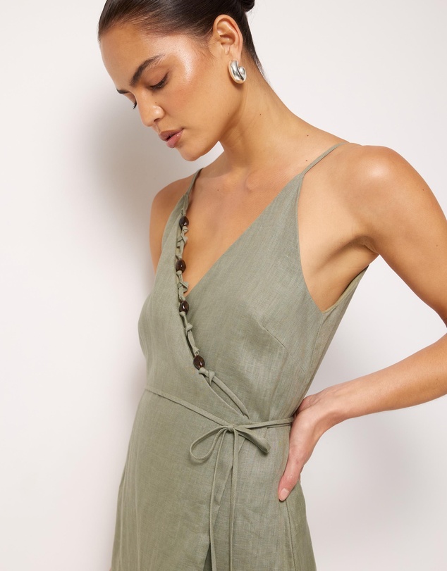 AERE - Nora Beaded Linen Wrap Mini Dress