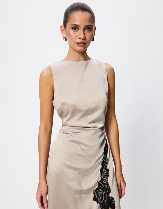 Tussah - Felicity Satin Lace Trim Asymmetric Midi Dress