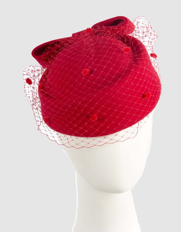 Max Alexander - Felt Red Pillbox Hat With Veil