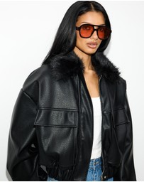 Dazie - Harley PU Bomber With Detachable Faux Fur Collar