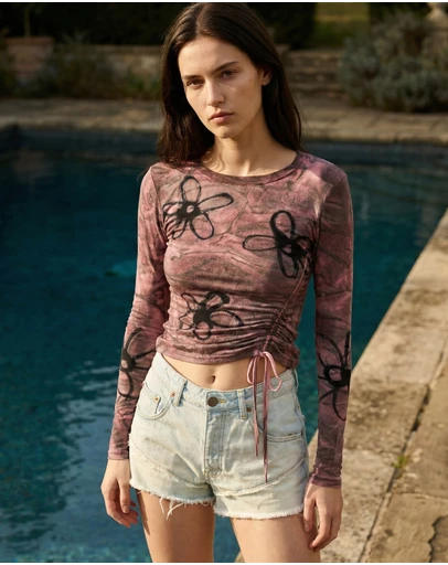 THE TALES - Hand Sprayed Flower Bamboo Ruched Top