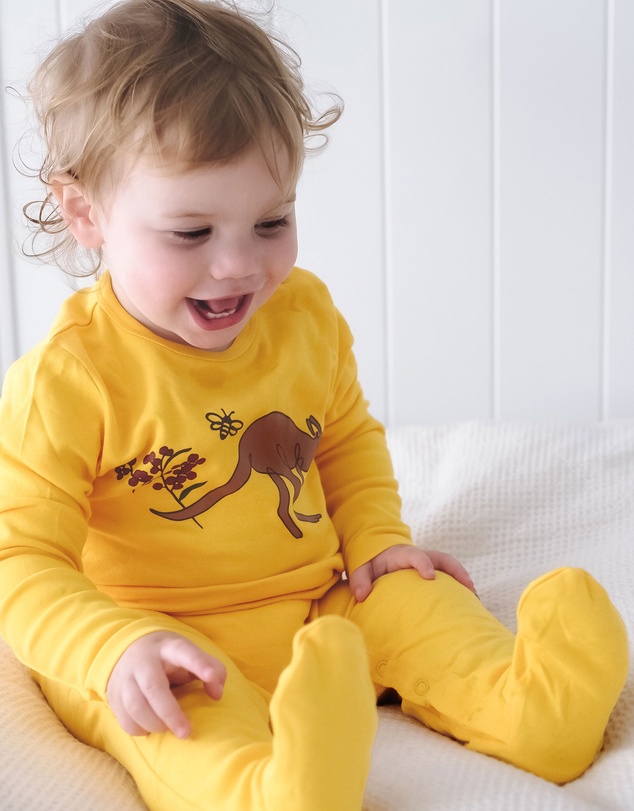 B Free Intimate Apparel - Baby Snap Button Sleepsuit with Booties - 100% Organic Cotton - Yellow Kangaroo