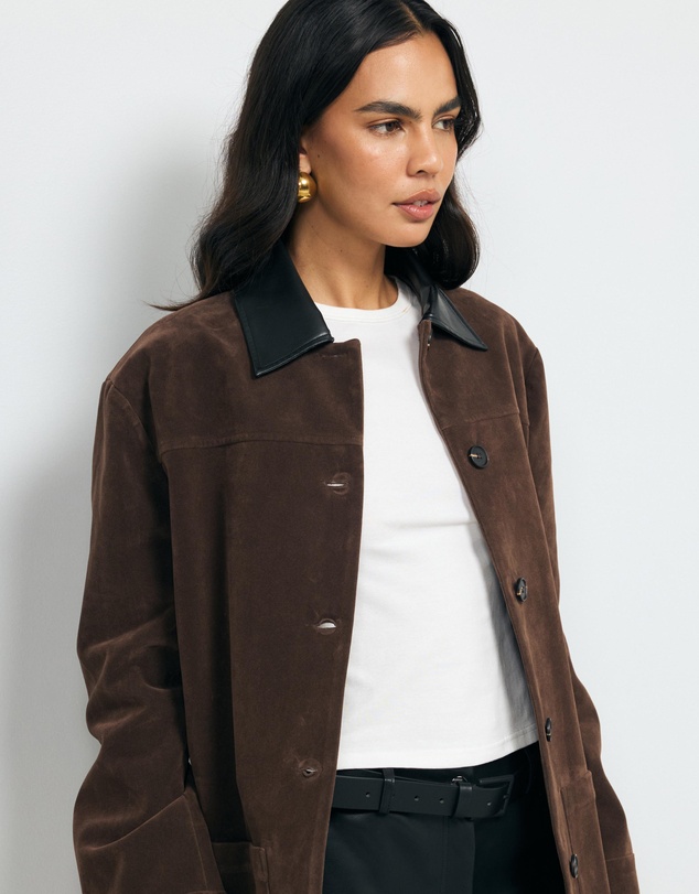 AERE - Contrast Collar Suede Look Jacket