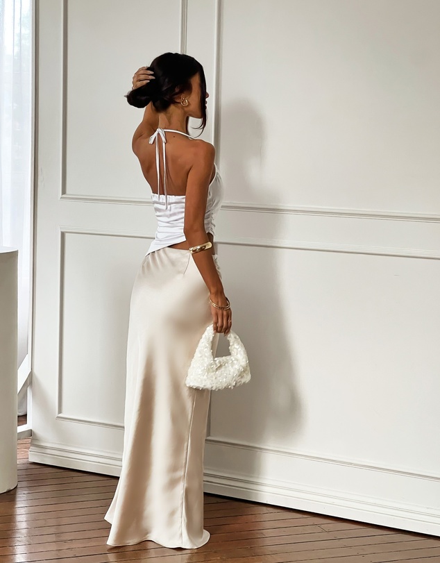 Beginning Boutique - Gracie White Contrast Satin Maxi Dress