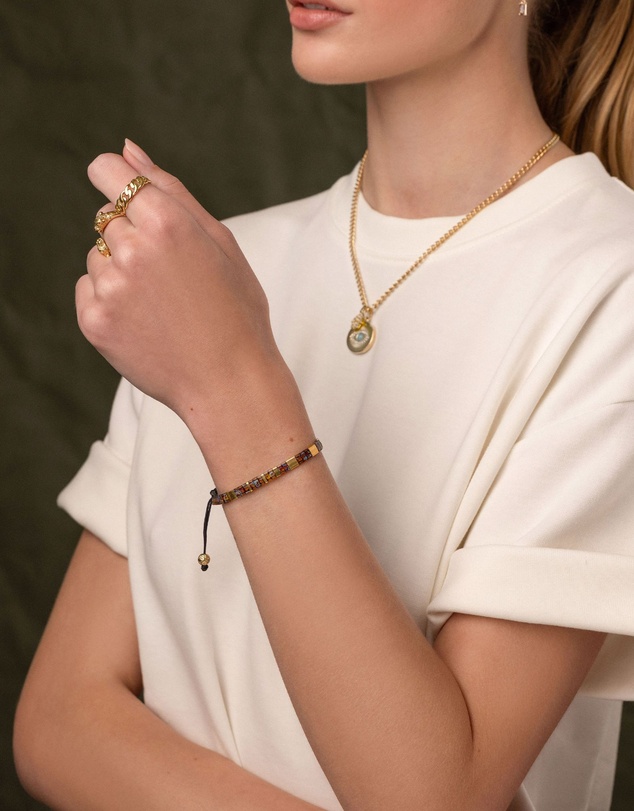 Nialaya Jewellery - Women's Bracelet with Marbled Amber and Gold Miyuki Tila Beads