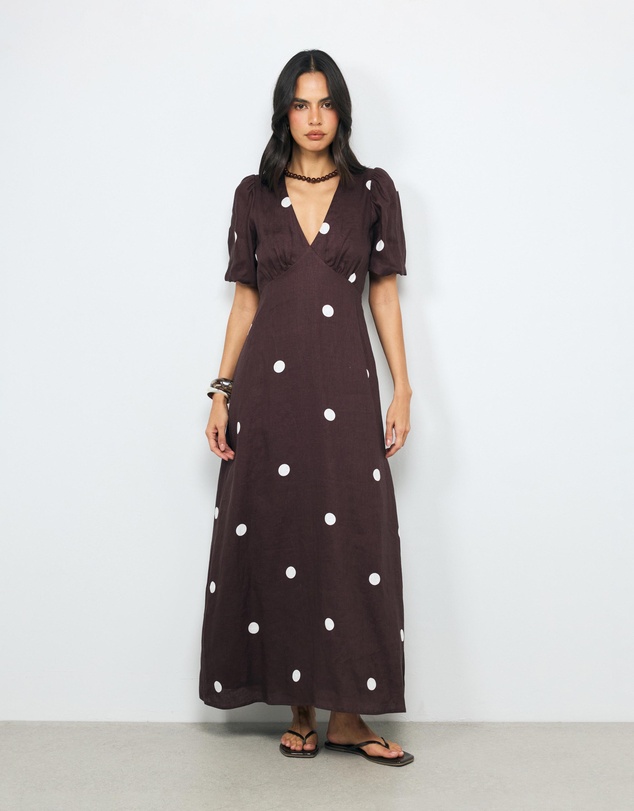 AERE - Tia Polka Dot Linen Midi Dress