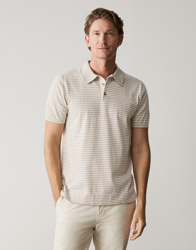Trenery - Cotton Barre Stripe Knit Polo in Oatmeal