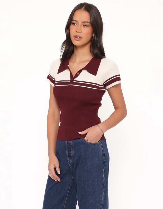 Petal & Pup - Maris Knit Polo Top - Burgundy/Cream Stripe
