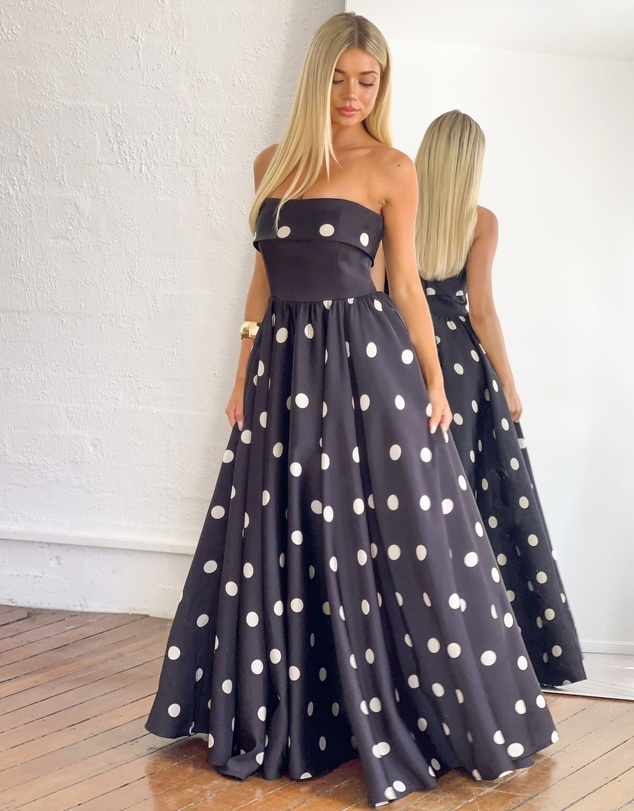 Beginning Boutique - Julianne Strapless Polka Dot Satin Maxi Dress