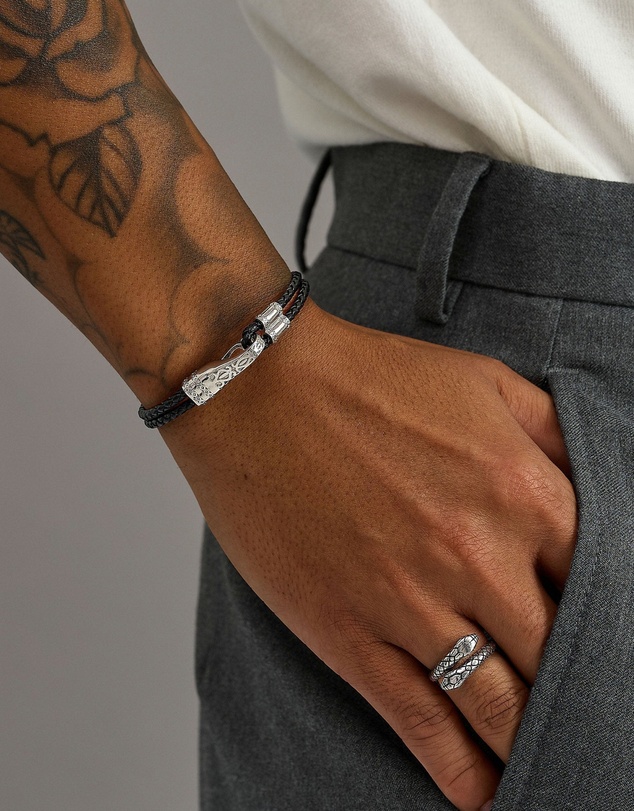 Nialaya Jewellery - Black Leather Bracelet with Silver Clasp