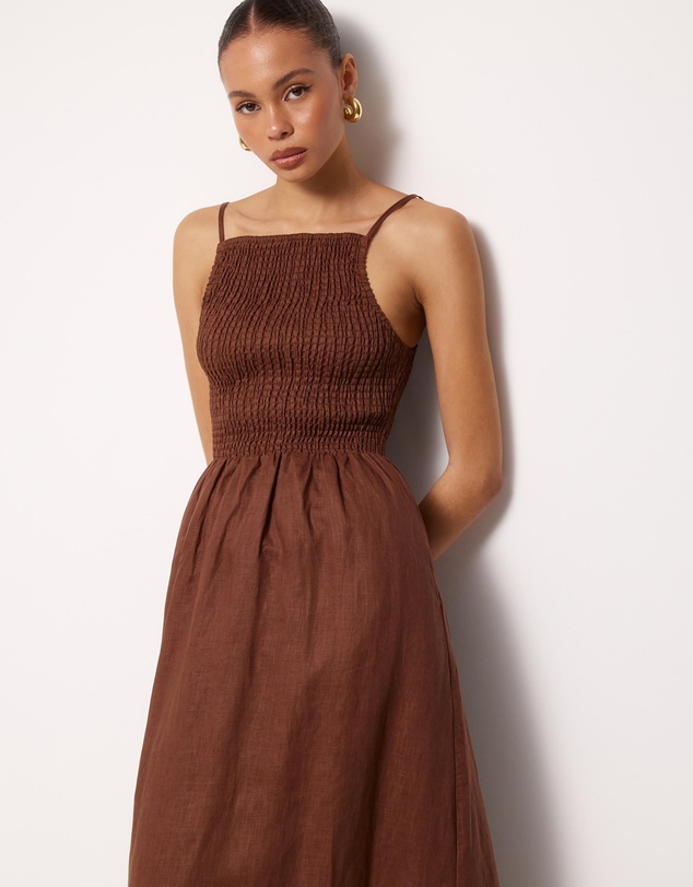 AERE - Olie Shirred Linen Midi Dress