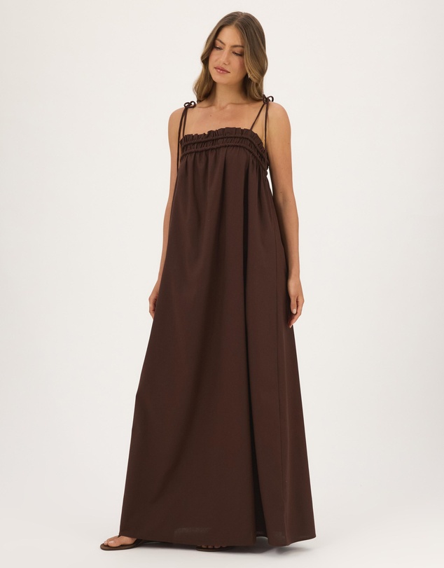 Atmos&Here - Eire Maxi Dress With Tie Straps And Shirring Detail In Linen Blend
