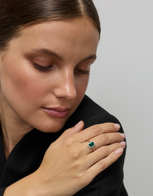 Michael Hill - Created Emerald & 0.10TW Laboratory-Grown Diamond Halo Ring in 10kt Yellow Gold and Rhodium