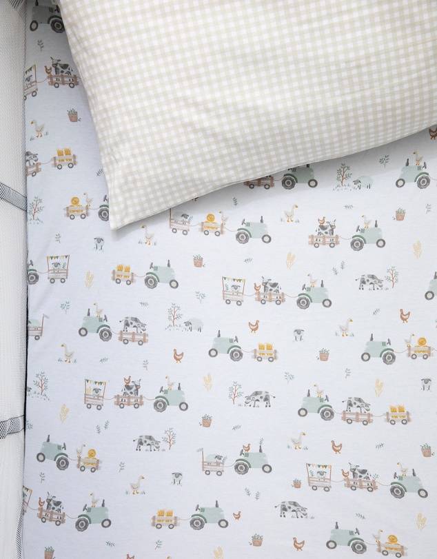 Living Textiles - Organic Port-a-Cot Fitted Sheet & Pillowcase - Tractor Ride