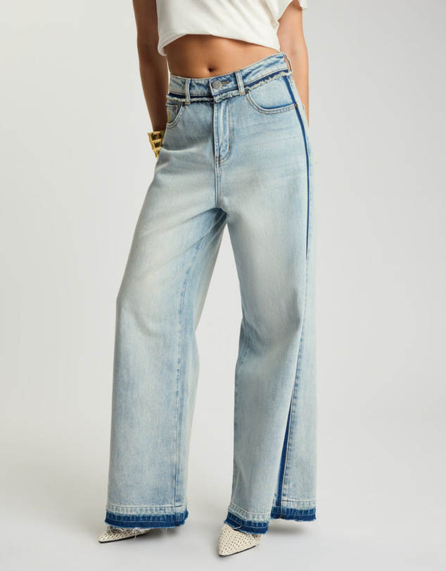 ONE TEASPOON - Love Machines Mid Waist Super Wide Leg Denim Jeans - Split Party Contrast Blue