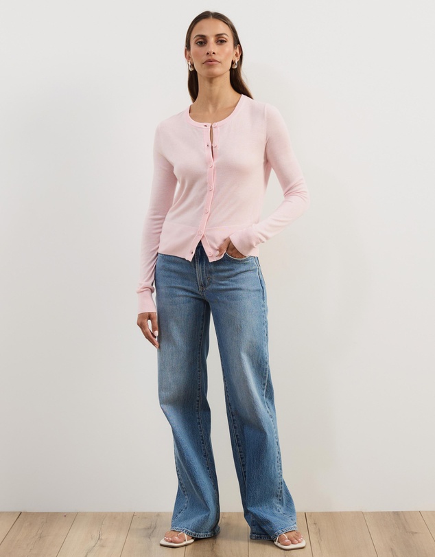 Atmos&Here - Elina Crewneck Knit Cardigan With Rib Hem