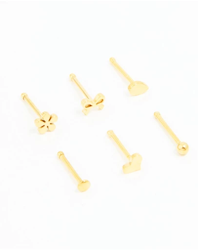 Lovisa - Gold Plated Surgical Steel Heart, Bow & Flower Nose Stud 6-Pack